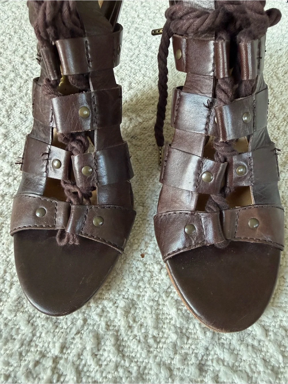 L.A.M.B. Dark Brown Leather Wedge Sandals with Wrap Tie
